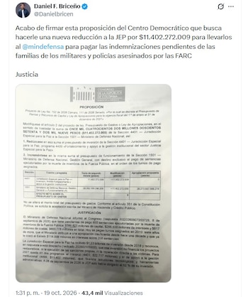 La proposición de Daniel Briceño plantea modificar el Presupuesto General de la Nación de 2027 para asignar $11.402 millones adicionales al Ministerio de Defensa - crédito @Danielbricen/X