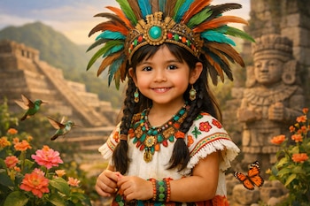 Una niña con tocado de plumas y vestimenta tradicional sonríe entre flores, colibríes y una mariposa, con pirámides antiguas y una estatua en el fondo.