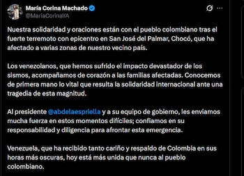 María Corina Machado - crédito @MariaCorinaYA/X