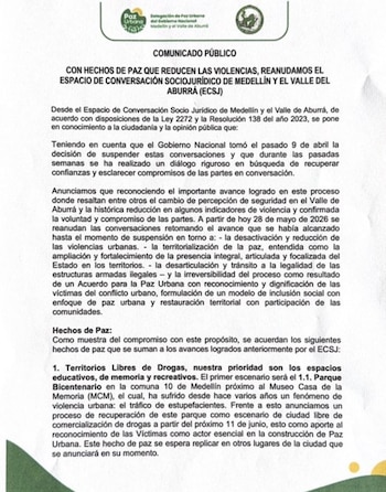 El Gobierno Nacional y la delegación de Paz Urbana anunciaron la reanudación del Espacio de Conversación Socio Jurídico de Medellín y el Valle de Aburrá desde este 28 de mayo de 2026, tras una suspensión ordenada el 9 de abril - crédito @PazUrbanaCo/X