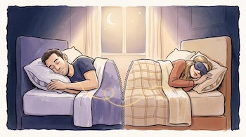 Ilustración de un hombre y una mujer durmiendo en una cama dividida al medio por una cremallera bajo la luz nocturna.