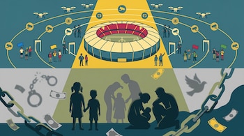 Ilustración editorial dividida horizontalmente. Arriba: estadio de fútbol vigilado, turistas y banderas. Abajo: siluetas oscuras de familias, niños, cadenas y billetes. Luz enfoca el estadio.