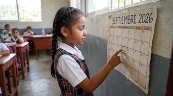 Una niña con uniforme escolar señala el número 16 en un calendario de septiembre de 2026 pegado en la pared de un aula.