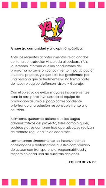 Documento en fondo blanco con el logo “Ya Y?” y un comunicado sobre una deuda a un extrabajador. El documento tiene un borde de cuadrados de colores