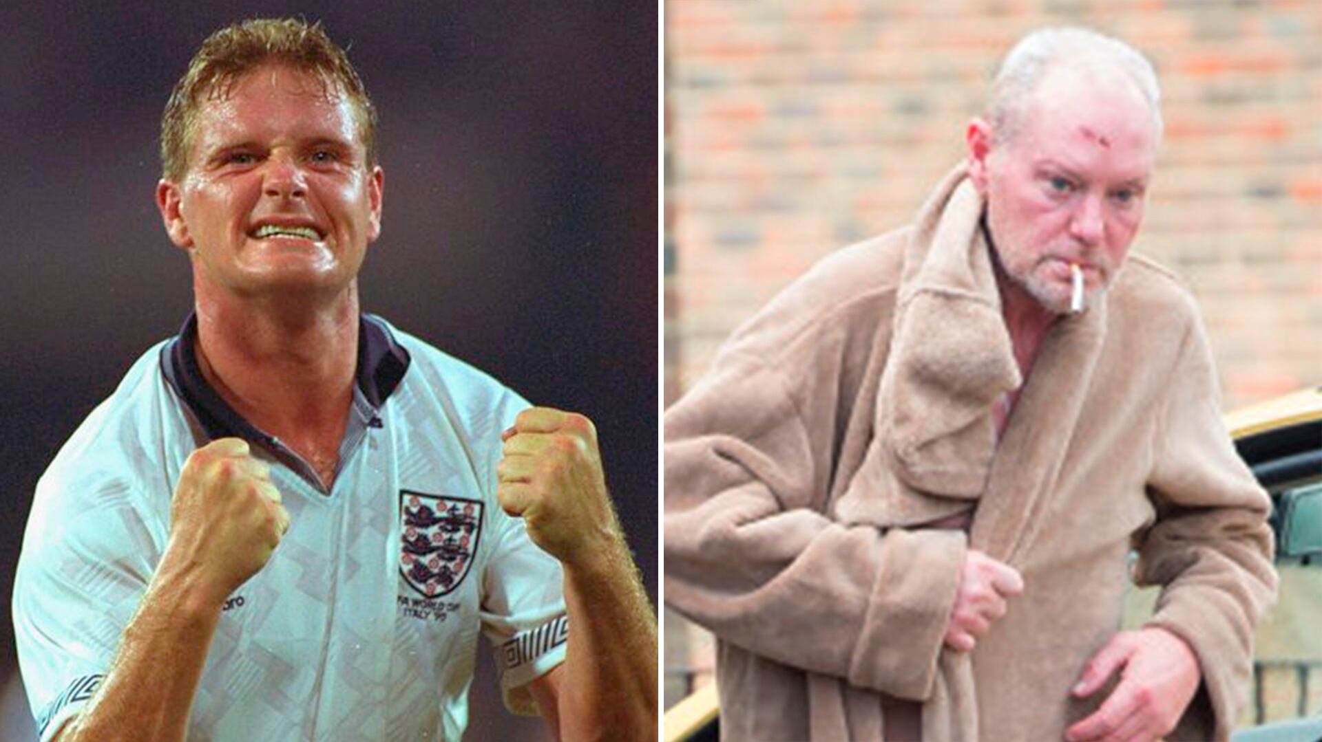 Las dos caras de Gazza: festejo con los Tres Leones y cuando estuvo en su peor momento por las adicciones