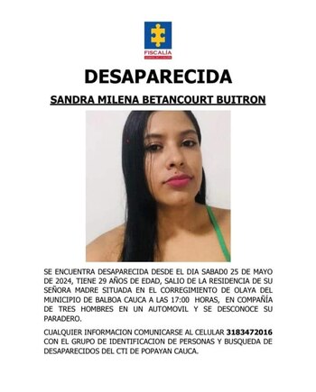 Concejal desaparecida en Argelia, Cauca - crédito Fiscalía