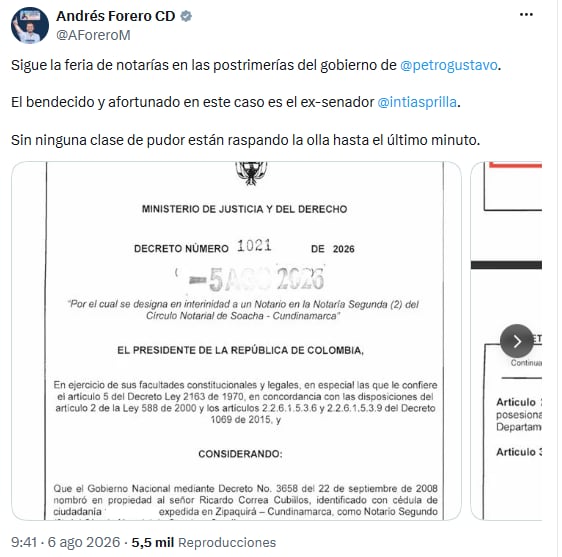 Andrés Forero denunció reparto de notarías al final del mandato de Gustavo Petro - crédito @AForeroM/X
