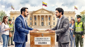 Ilustración en acuarela de Abelardo de la Espriella e Iván Cepeda frente a una urna de votación con la Casa de Nariño y banderas de Colombia de fondo.