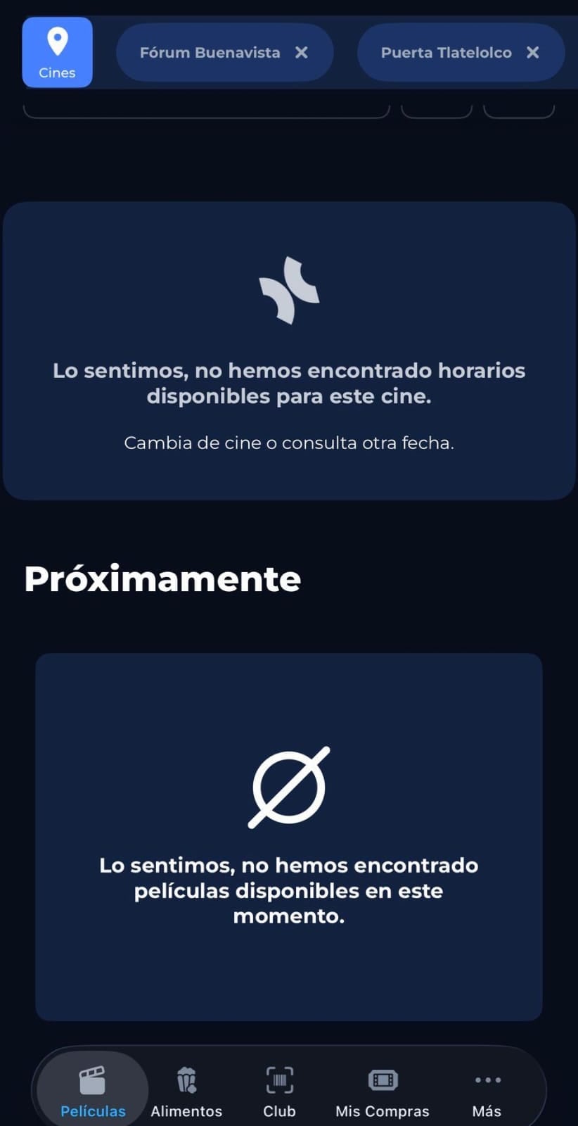 Las aplicaciones móviles de las principales cadenas de cine en México registraron caídas durante las primeras horas de la venta de boletos. (Captura de pantalla)