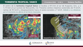 Infografía meteorológica con una imagen satelital y un mapa de trayectoria de una tormenta tropical en el océano Pacífico frente a México