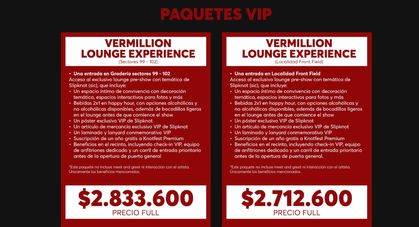 Los paquetes VIP disponibles incluyen beneficios especiales pero la organización aclaró que no contemplan interacción con los artistas - crédito Ticketmaster.co