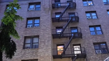 Fachada de un edificio alto de ladrillo con muchas ventanas de guillotina y escaleras de incendio metálicas. Un árbol frondoso se ve a la izquierda. Algunas ventanas tienen aire acondicionado