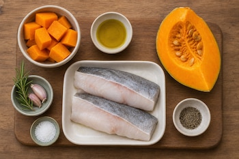 Dos filetes de merluza, calabaza troceada y en rodaja, aceite, ajos, romero, sal y pimienta dispuestos en recipientes sobre una tabla de madera.