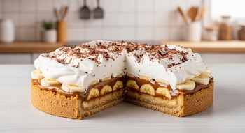 Torta banoffee casera sobre mesa de madera clara, cortada, con base de galletita, dulce de leche, rodajas de banana, crema batida y chocolate rallado.