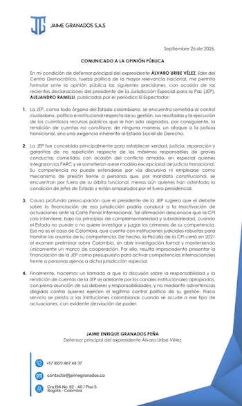 El abogado sostuvo que no corresponde presentar la financiación de la JEP como condición para activar competencias internacionales frente a personas que, según su posición, no están sometidas a esa jurisdicción - crédito @JGranadosPena/X