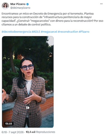 María del Mar Pizarro pidió al Gobierno explicar partidas para infraestructura penitenciaria tras el terremoto - crédito @delmarpizarro/X