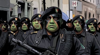 Primer plano de un grupo de soldados con boinas negras y uniformes, caras pintadas con camuflaje verde y negro, un soldado sostiene un rifle, edificios al fondo.