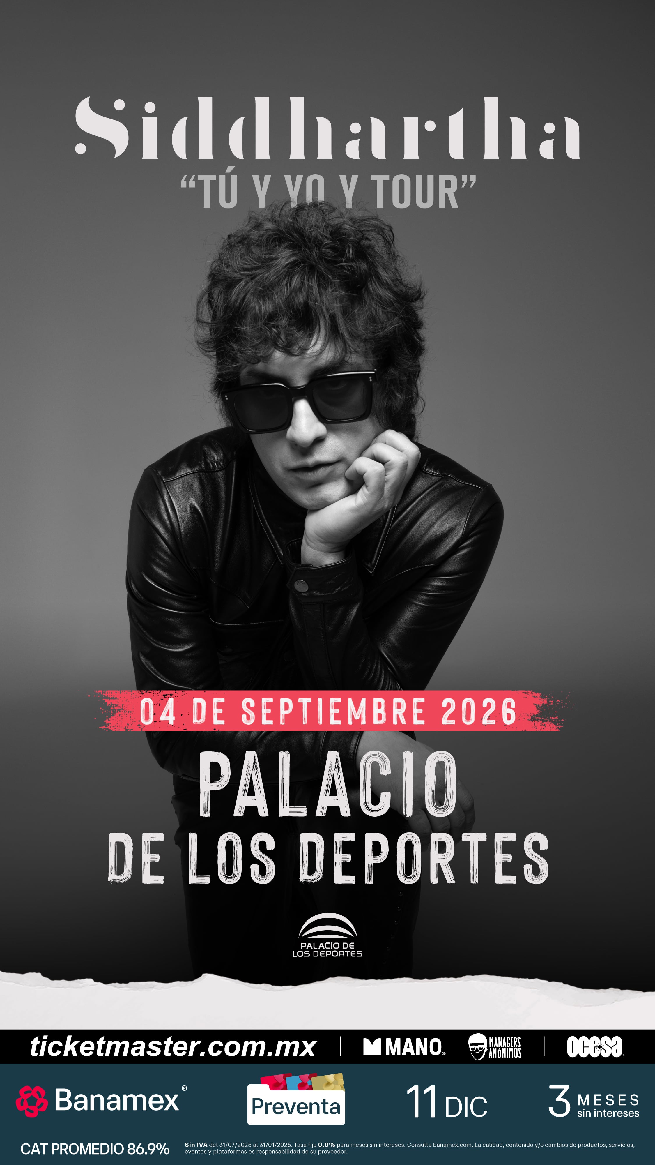 La preventa exclusiva para el show de Siddhartha inicia el 11 de diciembre a las 11:00 a.m. (Ocesa)