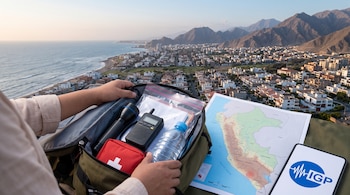 Manos abren una mochila con linterna, radio, agua y botiquín, junto a un mapa de Perú y una pantalla con el logo del IGP frente a la costa.
