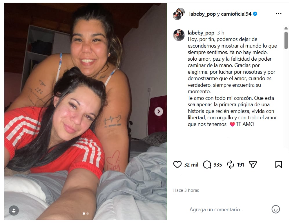Camilota presentó a su novia Ana Mabel en Instagram y confirmó públicamente la relación