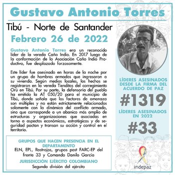 Reporte Indepaz: asesinato de líder