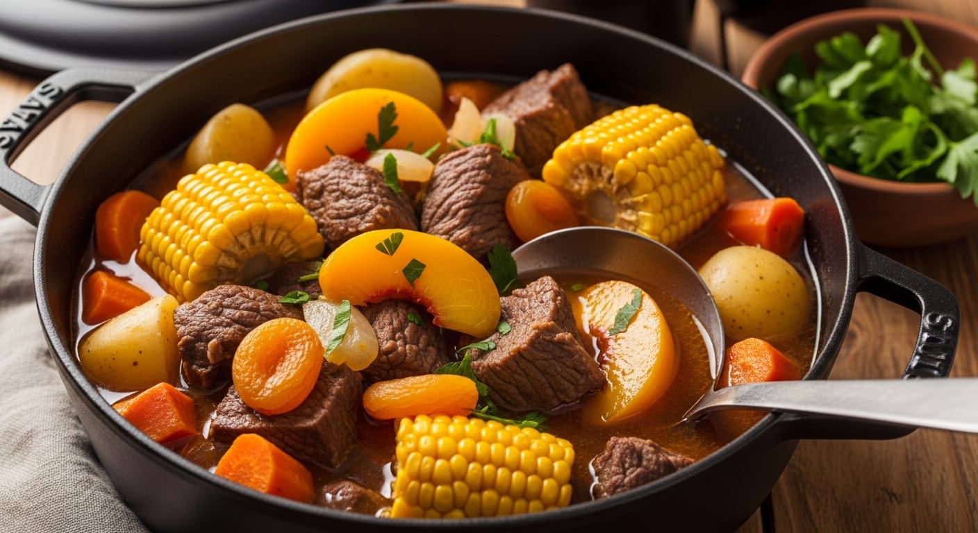 La carbonada suma a la carne cubos de batata, rodajas de choclo y duraznos en almíbar (Imagen Ilustrativa Infobae)