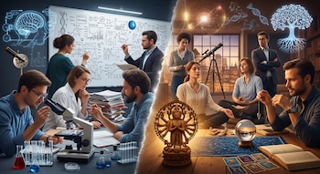 Personas en un laboratorio con microscopios, tubos de ensayo y una pizarra con fórmulas; otras meditando con objetos esotéricos y un telescopio.