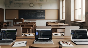 Una mesa con cinco computadoras portátiles, blocs de notas, bolígrafos y gafas. De fondo, un aula con pupitres de madera, una pizarra y ventanas.
