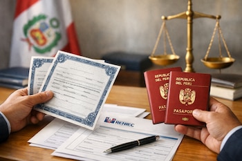 Primer plano de manos sosteniendo certificados de nacimiento y pasaportes peruanos sobre formularios del RENIEC. Al fondo, una balanza de justicia y la bandera de Perú.