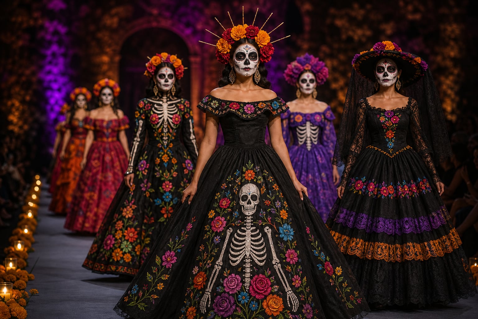 Un grupo de modelos desfila en una pasarela con vestidos tradicionales y maquillaje de catrina con motivos alusivos al Día de Muertos. (Imagen Ilustrativa Infobae)