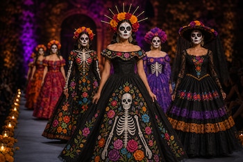 Modelos en una pasarela con vestidos bordados, tocados florales y rostros pintados de calavera junto a una hilera de velas.