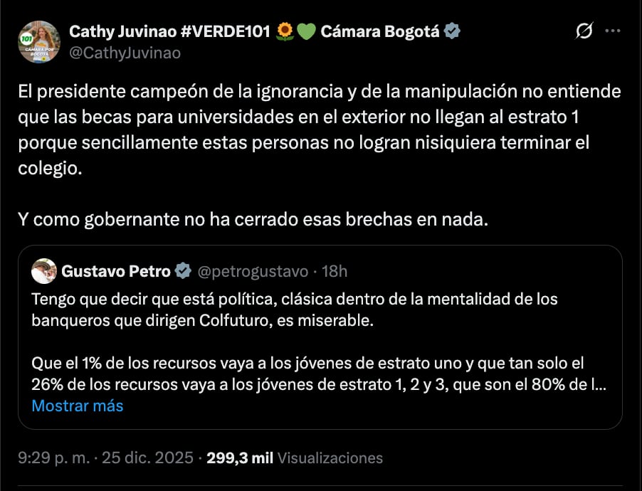 Cathy Juvinao criticó el corte a la financiación a Colfuturo por parte del Gobierno Petro - crédito @CathyJuvinao/X