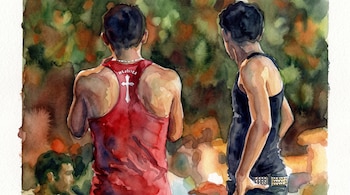 Ilustración en acuarela de dos hombres vistos de espalda, uno con camiseta roja con cruz blanca y el otro con camiseta negra.