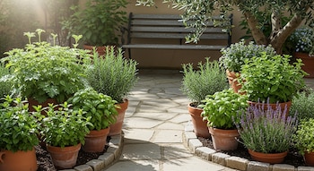 Un patio soleado con un sendero de piedra rodeado de macetas de plantas verdes como citronela, romero, menta, albahaca y lavanda; un banco de madera al fondo.