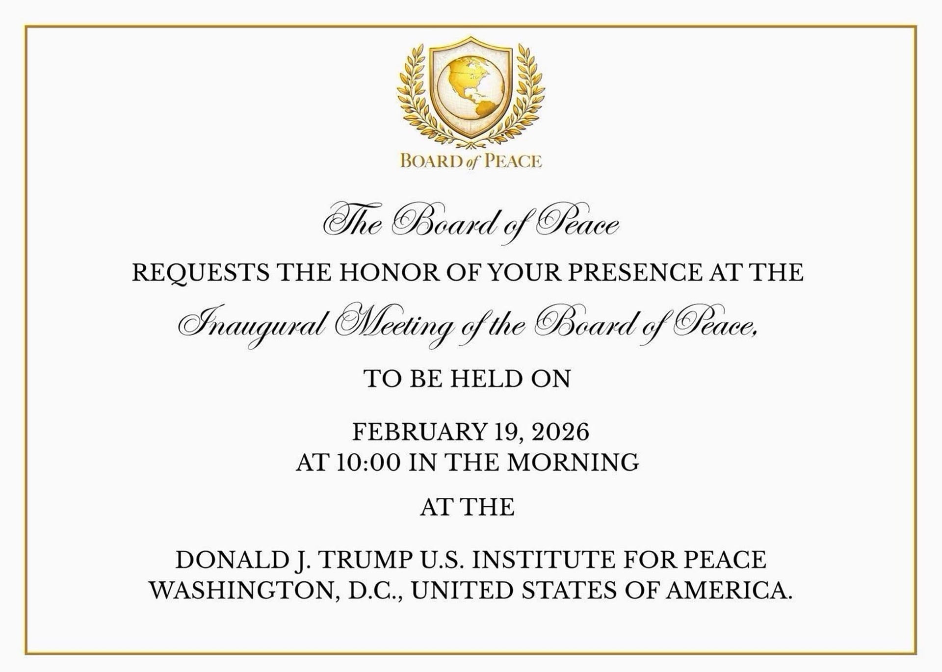 Facsímil de la invitación oficial de Donald Trump que recibieron todos los jefes de Estado que integran la Junta de la Paz