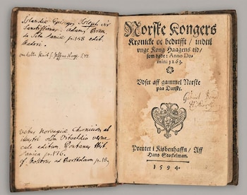 Primera página de la versión de Mattis Størssøn de las sagas de Snorri. cortesía del municipio de Time.