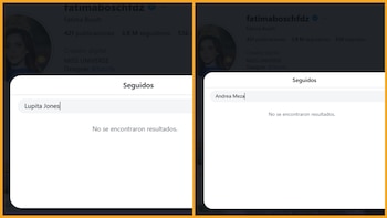 Dos capturas de pantalla de Instagram del perfil de Fátima Bosch, donde las búsquedas de "Lupita Jones" y "Andrea Meza" en su lista de "Seguidos" no arrojan resultados
