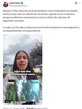 Vera compartió el video de la cámara de seguridad que captó el momento del presunto intento de secuestro el miércoles 22 de julio de 2026 - crédito @IsabelVeraPacto/X