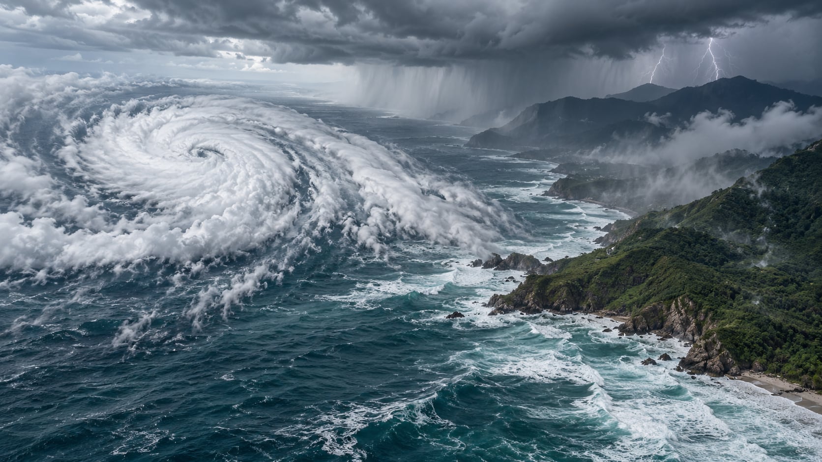 Un ciclón de gran tamaño se desplaza sobre el océano en dirección a una costa montañosa con fuertes lluvias y relámpagos.
