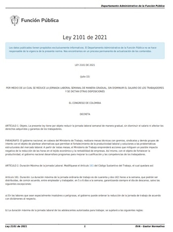 La Ley 2101 de 2021 establece la reducción gradual de la jornada laboral máxima semanal en Colombia, pasándola de 48 a 42 horas a la semana - crédito Función Pública