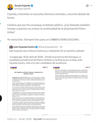 El candidato presidencial Sergio Fajardo aseguró que está listo para debatir con Iván Cepeda y otros candidatos - crédito @sergio_fajardo/X