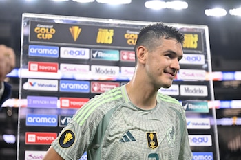 Jun 18, 2025; Arlington, Texas, USA; Mexico defender Cesar Montes (3) interviews after receiving man of the match award in the match against Suriname during a group stage match of the 2025 Gold Cup at AT&T Stadium. Mandatory Credit: Jerome Miron-Imagn Images