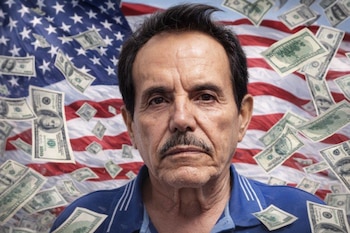 Retrato de Ismael "El Mayo" Zambada con bigote, camisa azul y la bandera de Estados Unidos de fondo. Billetes de cien dólares flotan en el aire.