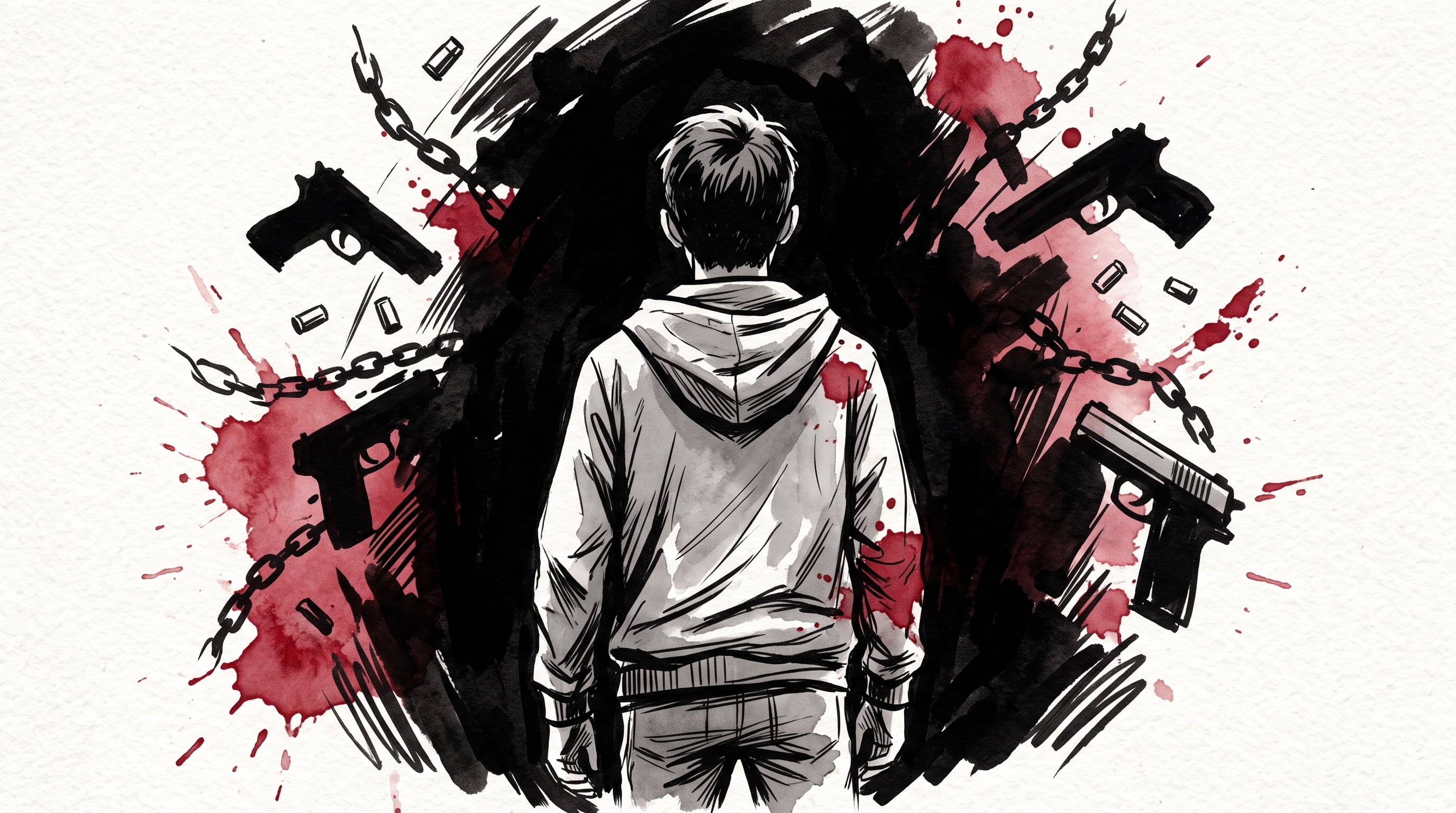 Un joven de espaldas contempla un entorno dominado por elementos del crimen como armas de fuego, cadenas y manchas rojas que simbolizan la violencia. (Imagen Ilustrativa Infobae)
