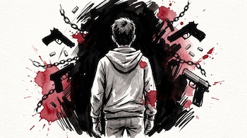 Dibujo a tinta de un joven con capucha visto de espaldas, rodeado por armas de fuego, casquillos, cadenas y manchas rojas de acuarela.