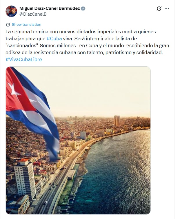 Estados Unidos sancionó a ocho entidades estatales cubanas y a tres oficiales de las Fuerzas Armadas Revolucionarias por sus vínculos con el sector militar y la industria del níquel. (Imagen retomada de la cuenta de X de Díaz-Canel)