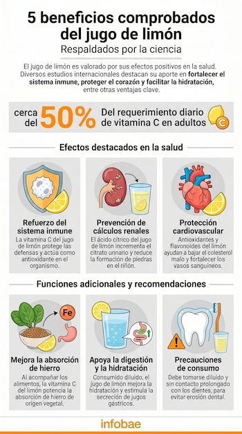 Infografía que ilustra 5 beneficios del jugo de limón: refuerzo inmune, prevención renal, protección cardiovascular, absorción de hierro y apoyo digestivo.