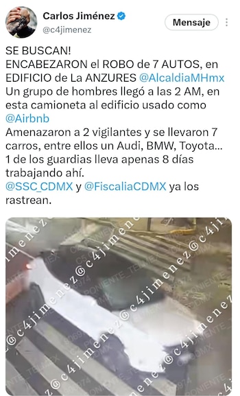 Captura de pantalla de una publicación en la red social X con texto sobre un robo de vehículos y la imagen de una camioneta en la oscuridad