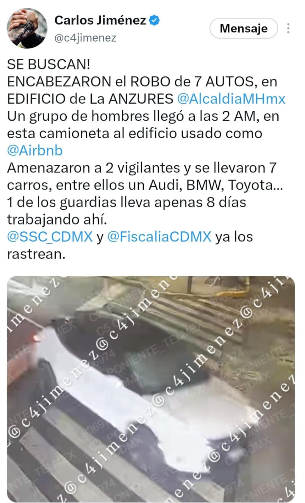Una publicación en redes sociales del periodista Carlos Jiménez informa sobre el robo de siete automóviles en un inmueble de la colonia Anzures, Ciudad de México. (X: Carlos Jiménez)