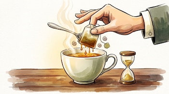 Ilustración de una mano que escurre una bolsa de té en una taza sobre una mesa de madera, con una cuchara y un reloj de arena al lado.